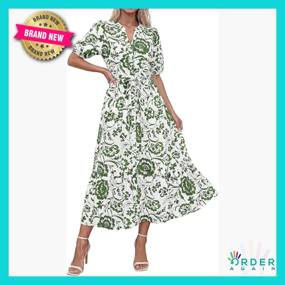 Boho Floral Midi Dress V-Neck Short Sleeve Button Down Casual Summer